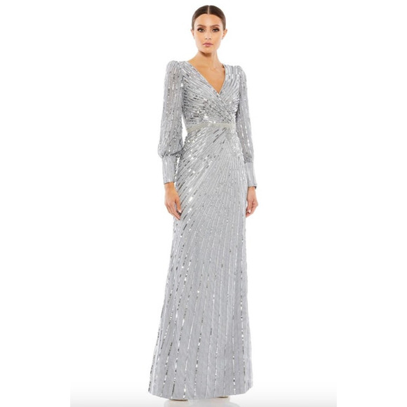 MAC DUGGAL Dress Size 20 Evening Gown Sequin Silver NEW Wrap Over Bishop Sleeve - Picture 1 of 8